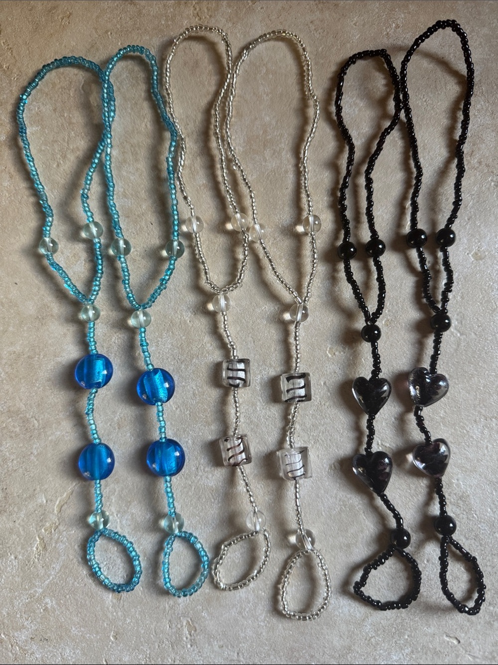 Beaded Foot Jewelry / Ankle Bracelets - Set of 3 - Blue Silver Black